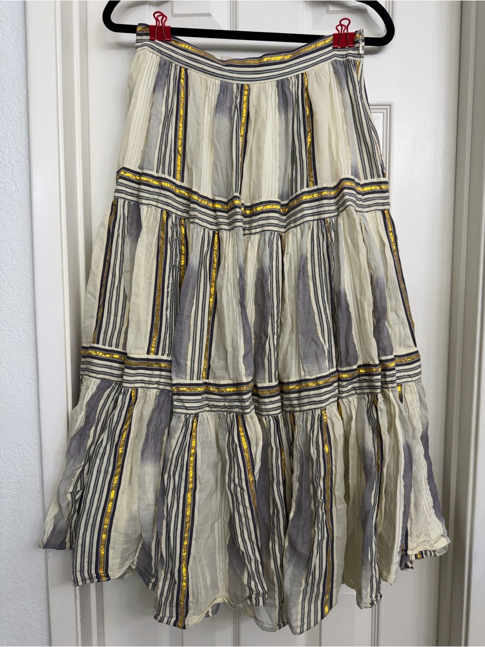 Tiered Maxi Skirt in Ivory, Gray & Gold Trim